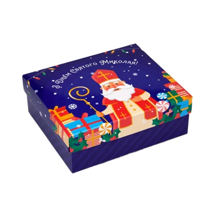 Подарункова новорічна коробочка з картону "З Днем Святого Миколая!", 14 см х 12 см х 5 см (Box3) фото 1