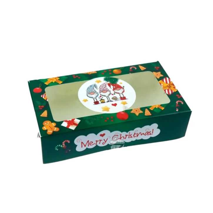 Подарункова новорічна коробочка з картону "MERRY CHRISTMAS Гноми з віконцем", 20 см х 11.5 см х 5 см (Box7) фото 1